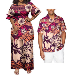 SHOWLU FASHION STORE Couple 2 Pcs Set Clothing Floral Print Tribal Polynesian Custom  Women Long Evening Party Puletasi Dress Match Men Shirts