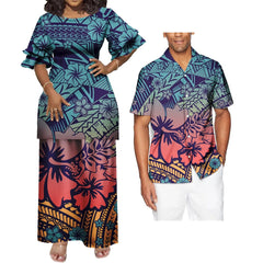 SHOWLU FASHION STORE Couple 2 Pcs Set Clothing Floral Print Tribal Polynesian Custom  Women Long Evening Party Puletasi Dress Match Men Shirts