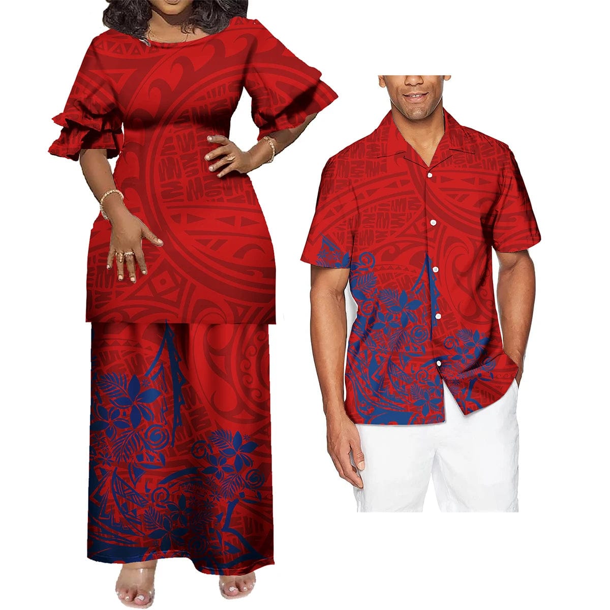 SHOWLU FASHION STORE Couple 2 Pcs Set Clothing Floral Print Tribal Polynesian Custom  Women Long Evening Party Puletasi Dress Match Men Shirts