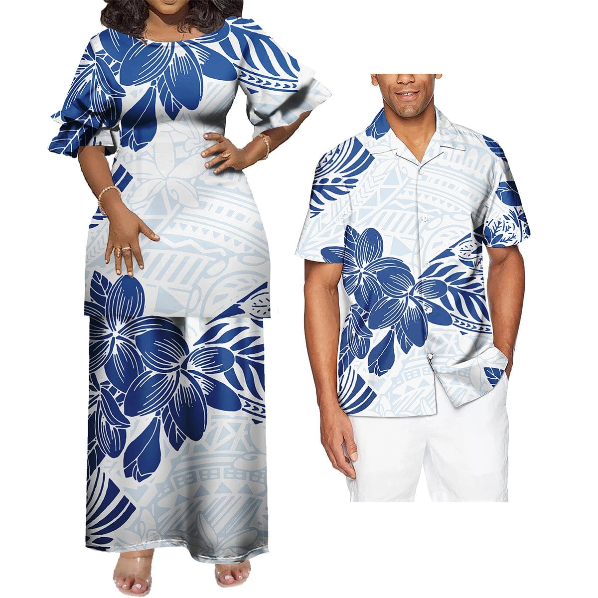 SHOWLU FASHION STORE Couple 2 Pcs Set Clothing Floral Print Tribal Polynesian Custom  Women Long Evening Party Puletasi Dress Match Men Shirts