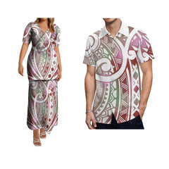 SHOWLU FASHION STORE Couples Dress Party Trip 2024 New Polynesian Print Custom Puletasi Double Suit Women'S Long Skirt And Men'S Shirt