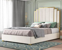 SHOWLU FASHION STORE cream / United States / queen queen size bed frame and 61" headboard, upholstered bed with gold gilt trim, modern platform bed, no box springs required