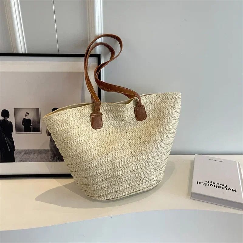  Showlu Fashion Store Creamy-white Women Braided Basket Clutches Top-handle Bag Large Straw Portable Shoulder Bag Summer Beach Party Purses Shopper Satchel Female