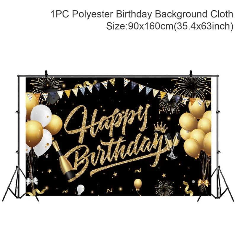 Showlu Fashion Store crown HB 101 Black Golden Happy Birthday Backdrop Banner Background 30th 40th 50th Birthday Photo Background Birthday Party Backdrop Decor