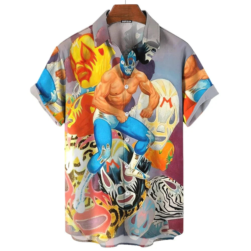 Showlu men's wrestling print casual short sleeve shirt, American-Mexican style, loose fit, oversized beach top.