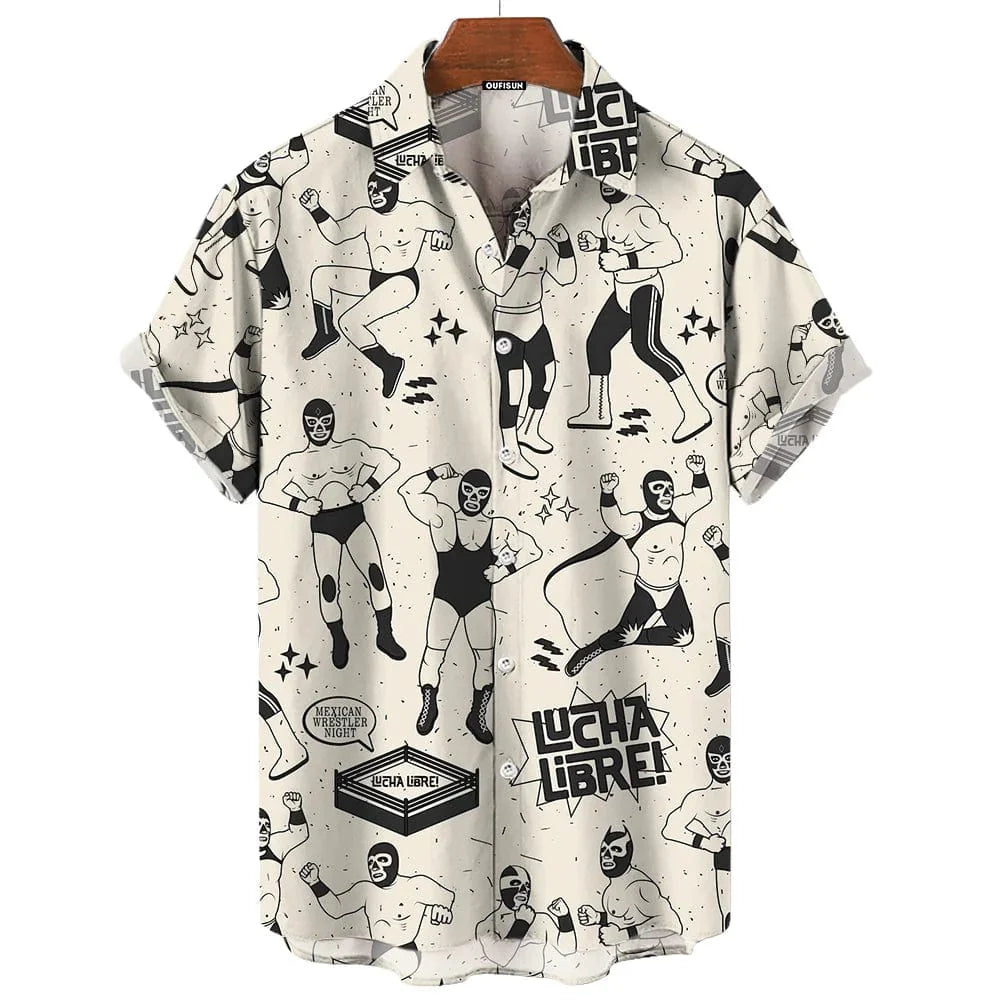 Showlu men's wrestling print casual short sleeve shirt with American-Mexican style, oversized and loose-fitting for relaxed beach wear.