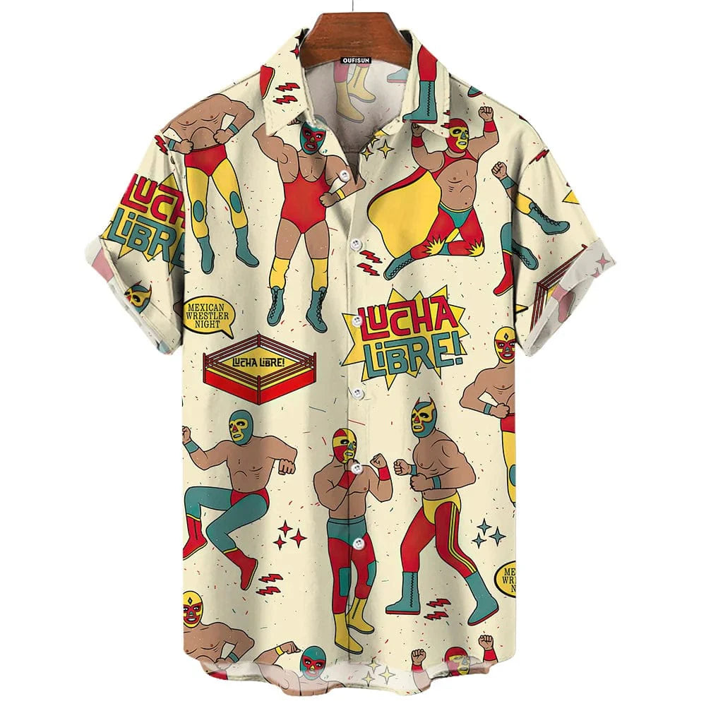 Showlu men's wrestling print casual short sleeve shirt with American-Mexican style, oversized and loose-fitting, suitable for casual wear.
