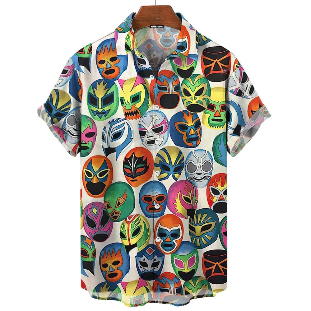 Showlu Men's Wrestling Print Casual Short Sleeve Shirt with American and Mexican style, loose fit, ideal for beach or casual wear.