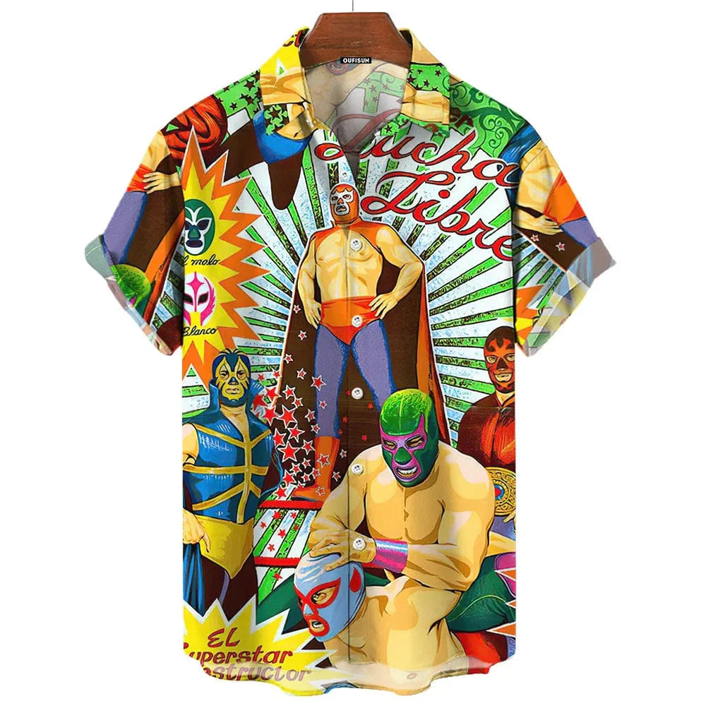 Showlu Men's wrestling print casual short sleeve shirt featuring American and Mexican style, oversized fit, loose-fitting beach top.