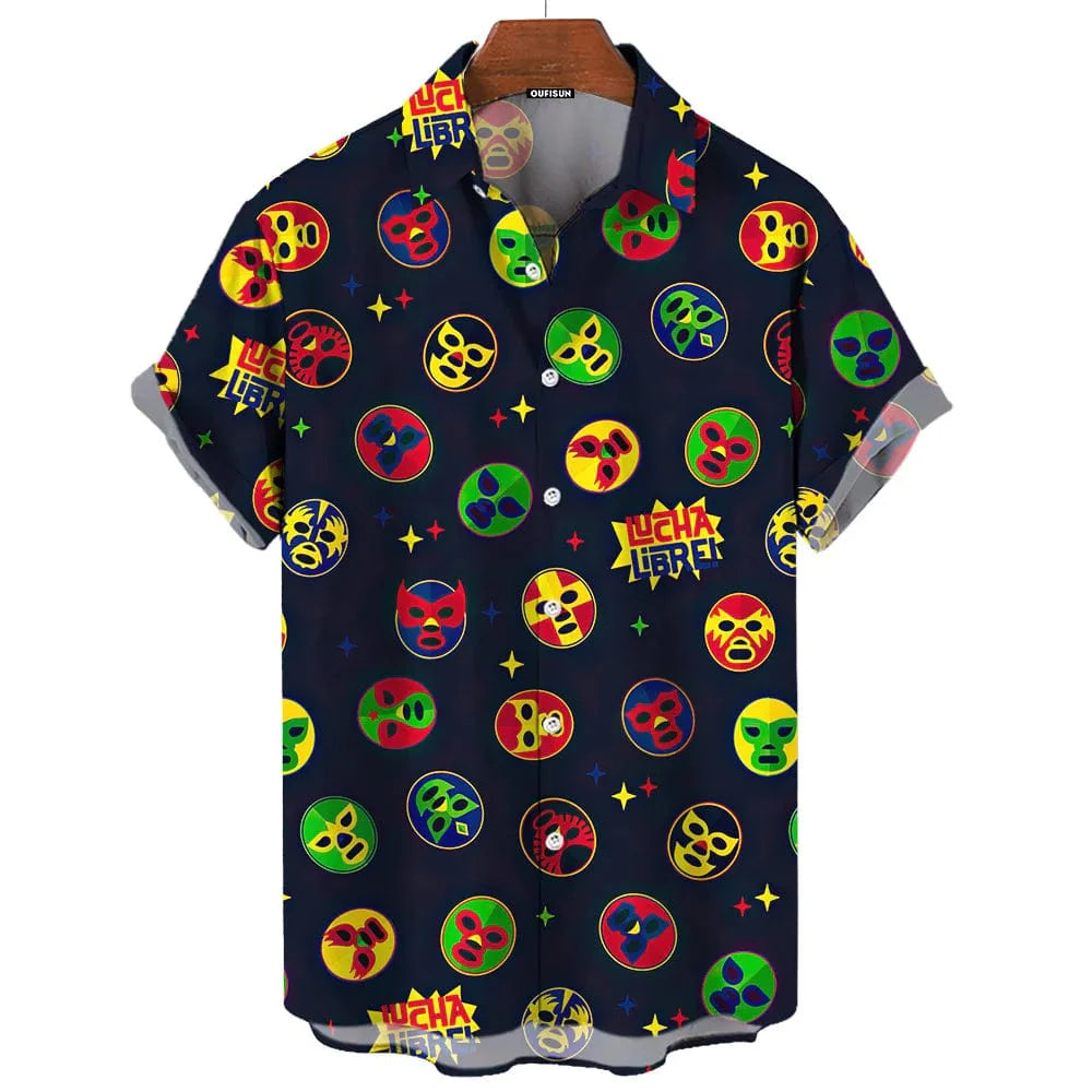 Showlu Men's wrestling print casual short sleeve shirt with American Mexican style, oversized loose fit, suitable for beach or casual wear.