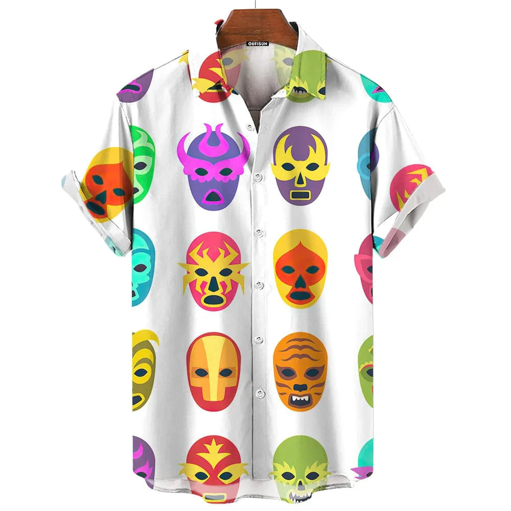 Showlu men's wrestling print casual short sleeve shirt with American and Mexican style, oversized and loose-fitting for a relaxed look.