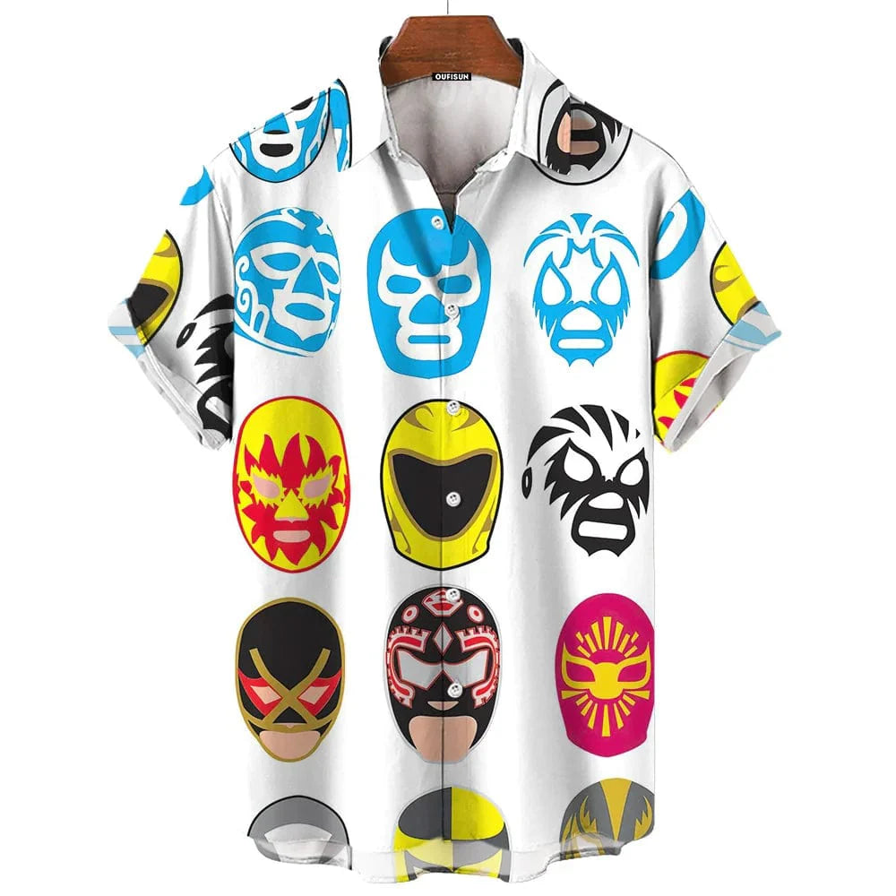 Showlu men's wrestling print casual short sleeve shirt with American-Mexican style, oversized and loose-fitting for a relaxed beach look.