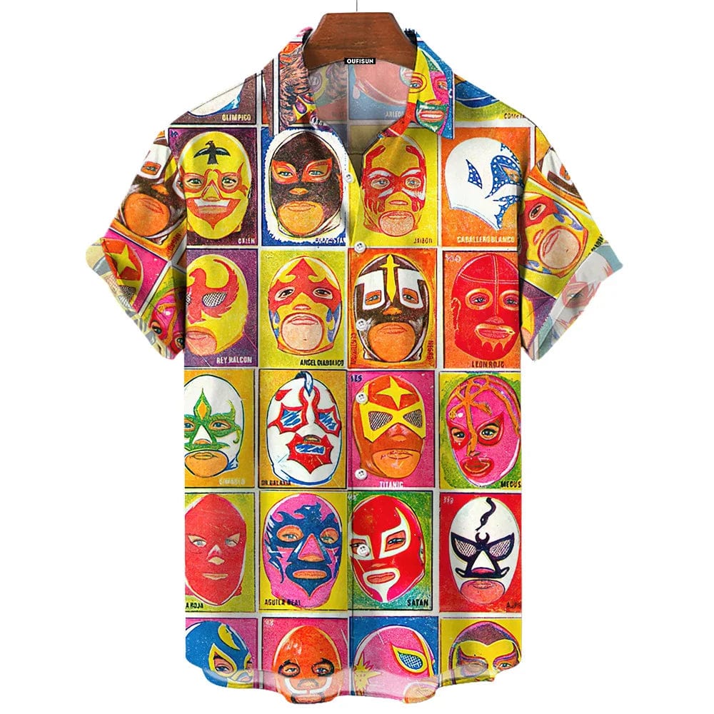 Showlu Men's wrestling print casual short sleeve shirt with American-Mexican style, loose fit, suitable for beach or casual wear.