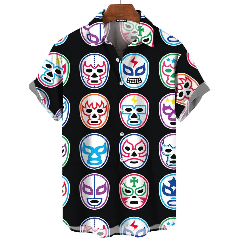 Showlu Men's wrestling print casual short sleeve shirt with American and Mexican style, oversized and loose-fitting.