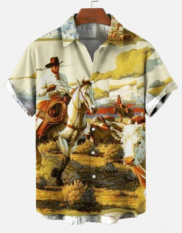 Men's Hawaiian shirt by Showlu Fashion with 3D print, short sleeves, green cotton fabric, casual Y2K style, oversized fit.