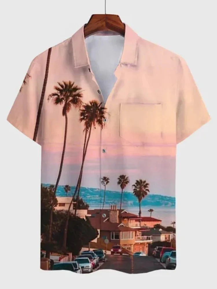 Men's Hawaiian shirt by Showlu Fashion with green 3D print, short sleeves, casual cotton fabric, and tropical-inspired design.