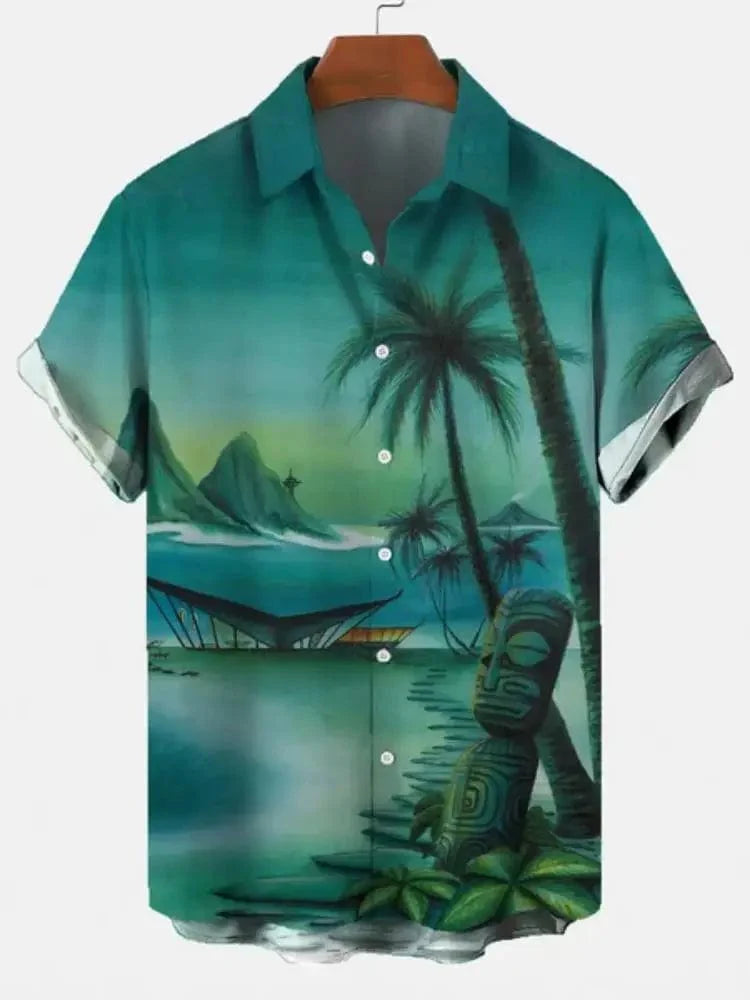 Men's Hawaiian shirt by Showlu Fashion with vibrant 3D print, short sleeves, green cotton fabric, casual Y2K style.