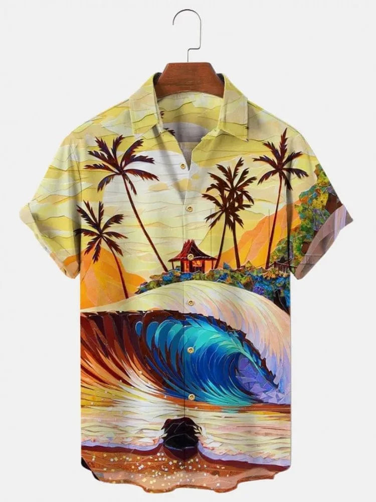 Men's green Hawaiian shirt by Showlu Fashion with 3D print, short sleeves, casual cotton fabric, oversized fit, ideal for summer wear.