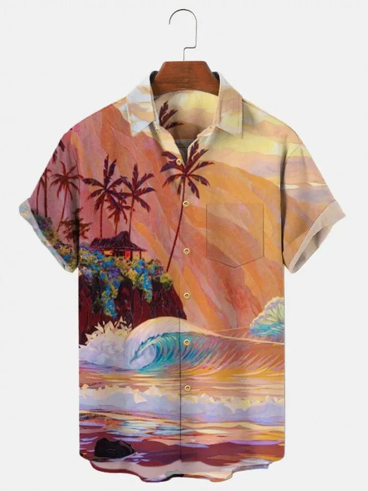 Showlu Fashion men's Hawaiian shirt with green 3D print, short sleeves, casual cotton design, oversized fit, perfect for summer wear.