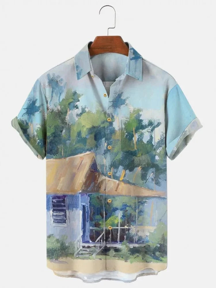 Showlu Fashion men's Hawaiian shirt with 3D print, short sleeves, green cotton fabric, casual Y2K style, oversized fit