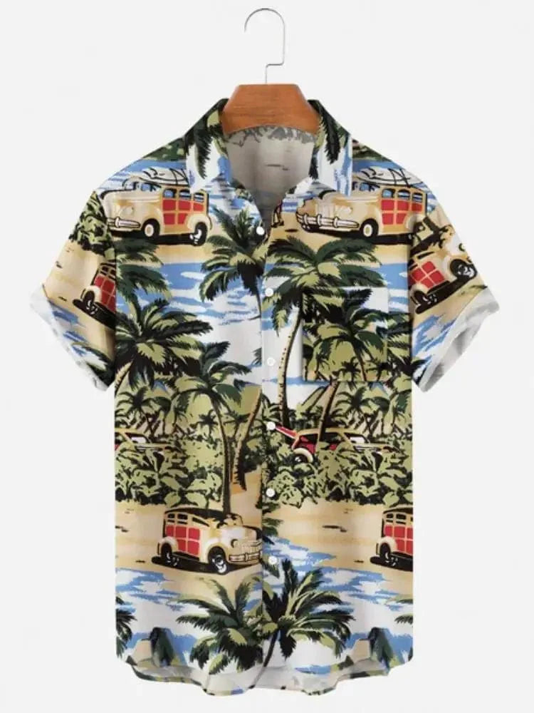 Showlu Fashion men's Hawaiian shirt with 3D print, green short sleeves, casual cotton material, oversized style, Y2K-inspired design
