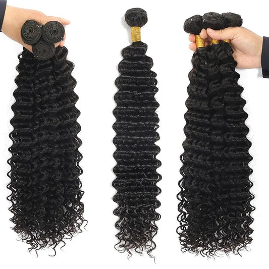 SHOWLU FASHION STORE Curly Human Hair Bundles With Frontal Brazilian Deep Wave Bundles With Frontal Human Hair Weave Extensions 3 Bundles Remy Hair