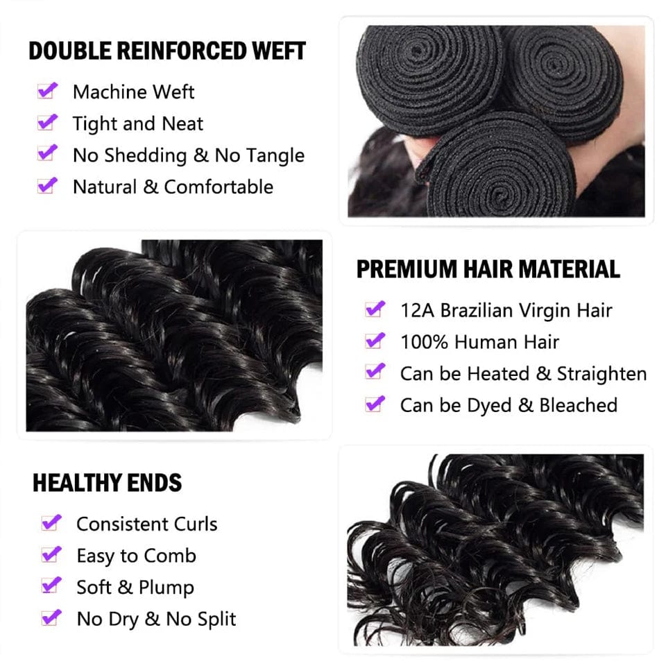 SHOWLU FASHION STORE Curly Human Hair Bundles With Frontal Brazilian Deep Wave Bundles With Frontal Human Hair Weave Extensions 3 Bundles Remy Hair