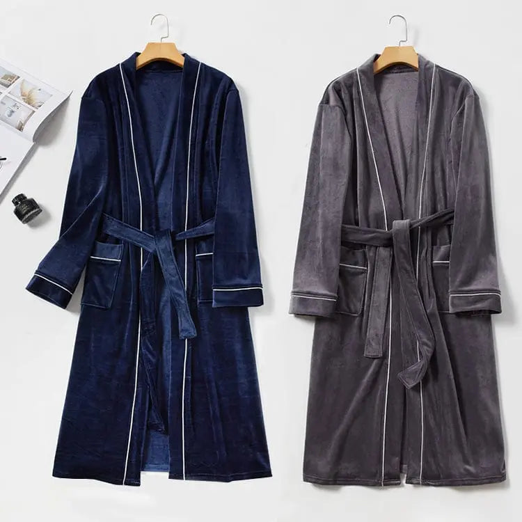 Showlu Men's fleece nightgown with long sleeves, breathable velour fabric, warm and skin-friendly for comfortable sleep.