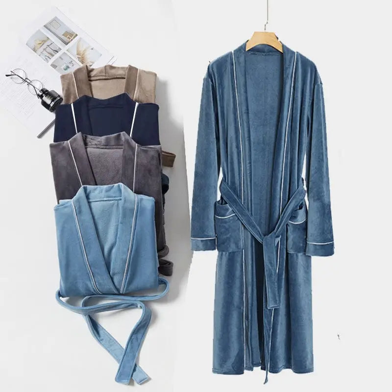 Showlu men's fleece nightgown with long sleeves, breathable velour fabric, warm and skin-friendly for comfortable sleep.