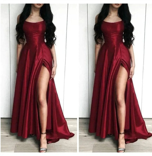 SHOWLU FASHION STORE Customized Burgundy Satin Prom Dresses Spaghetti Straps Charming Women Formal Evening Gowns Outdoor Wedding Party Guest Robe