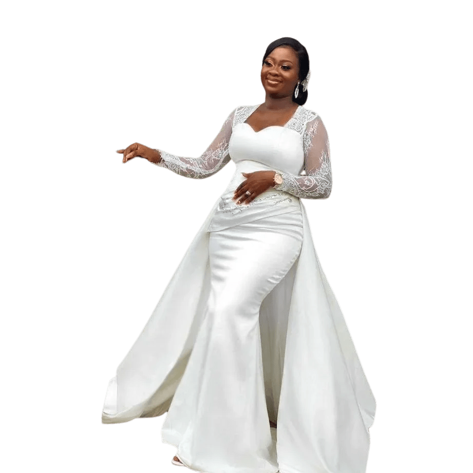 SHOWLU FASHION STORE Customized Gorgeous Satin Mermaid Wedding Dress With Detachable Train IllusionLong Sleeve Country Beach African Bridal Gown