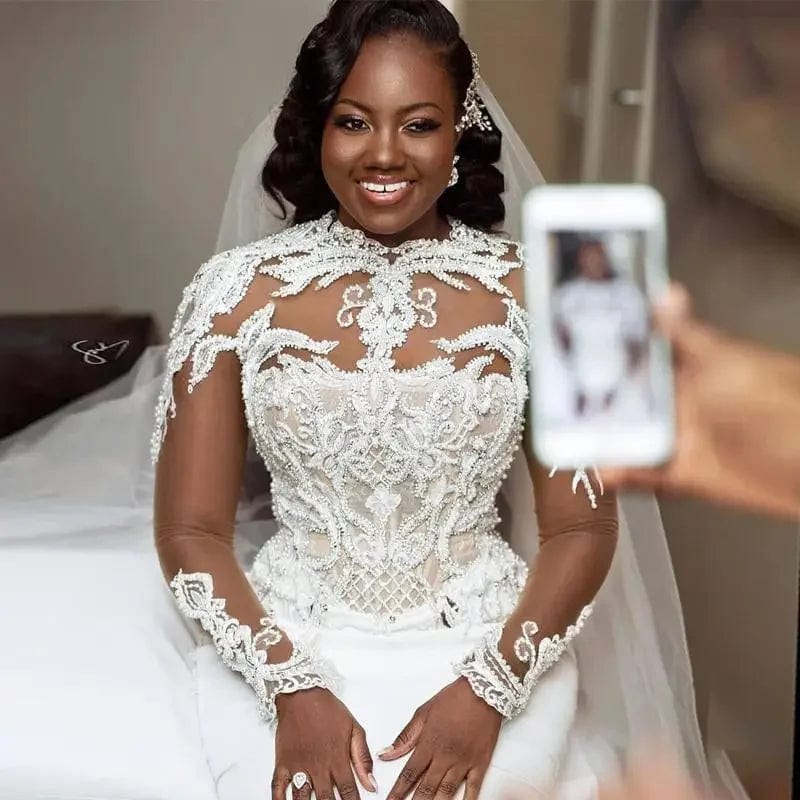 SHOWLU FASHION STORE Customized High Neck Long Sleeve Appliques African  Wedding Dress With Detachable Train Beaded Bridal Gowns Robe De Marriage