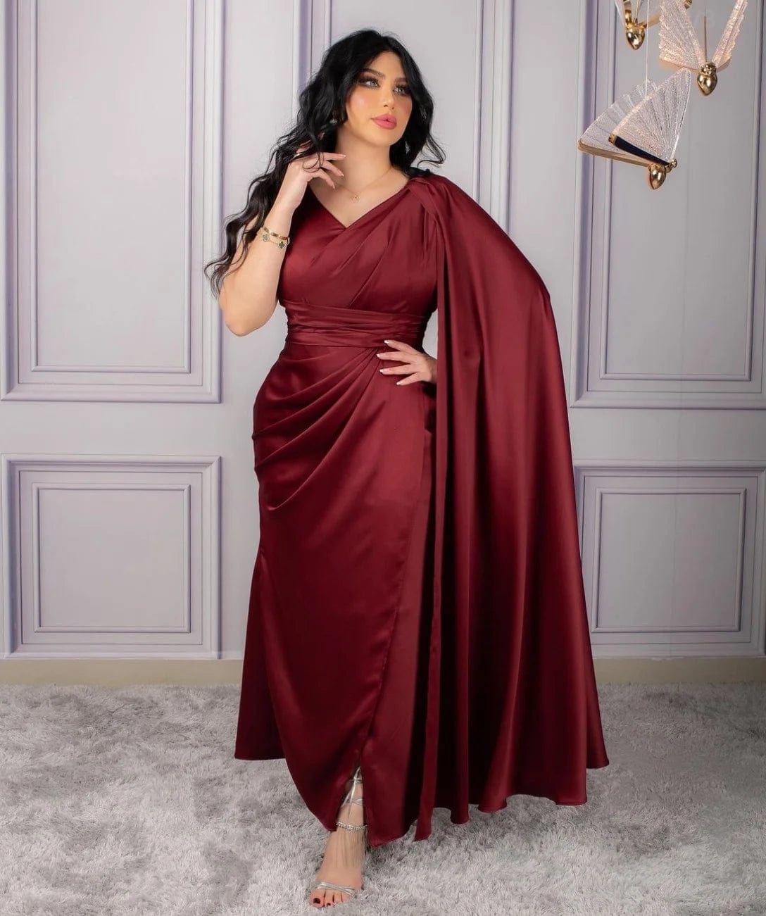 SHOWLU FASHION STORE Customized Short Burgundy Evening Dresses with Slit Mermaid Satin V-Neck Pleated Ankle Length Prom Dresses for Women