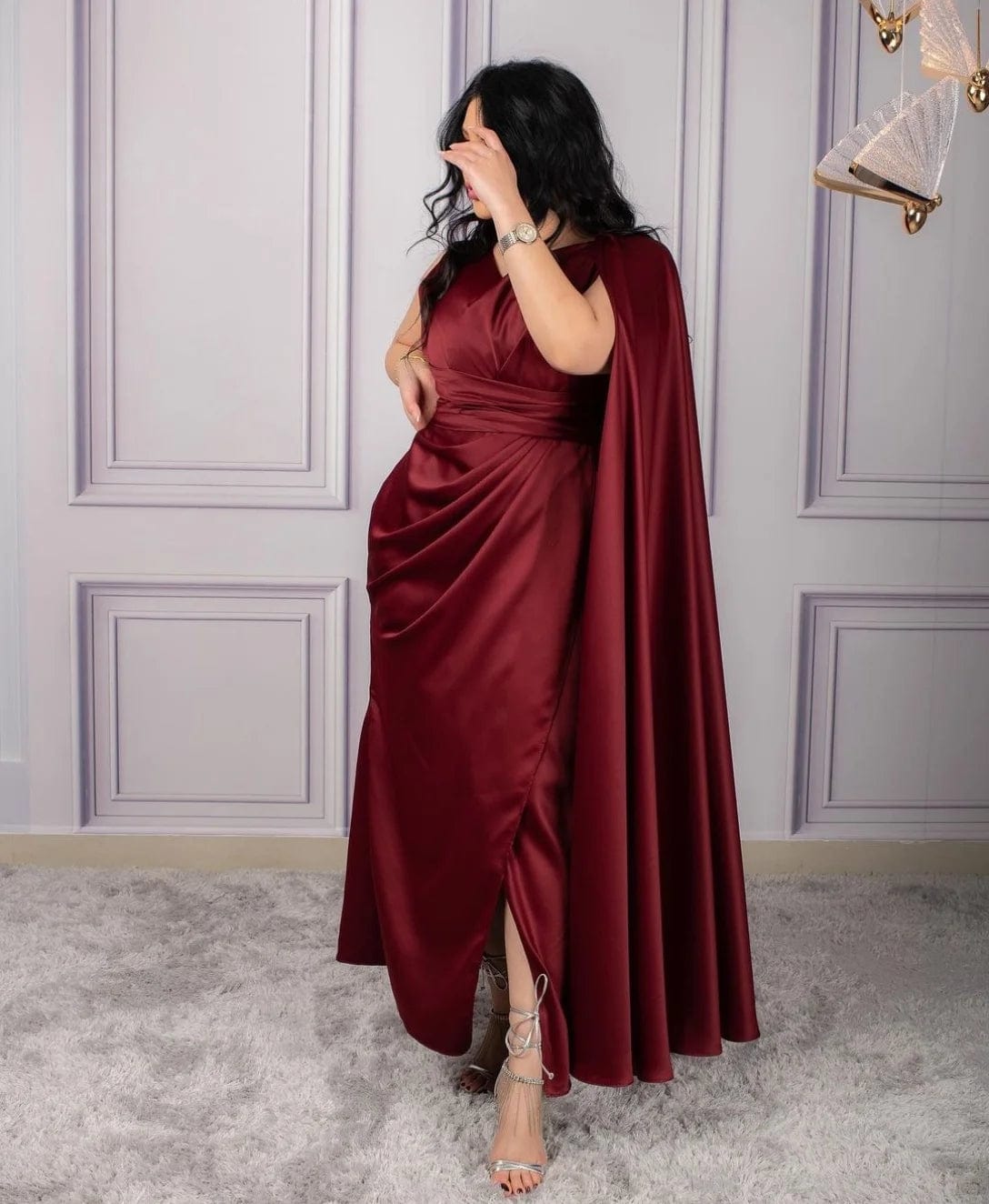 SHOWLU FASHION STORE Customized Short Burgundy Evening Dresses with Slit Mermaid Satin V-Neck Pleated Ankle Length Prom Dresses for Women