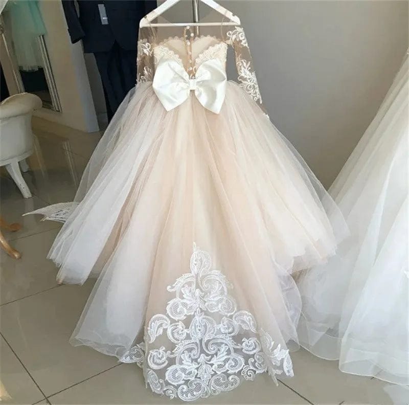  Showlu Fashion Store Cute Ball Gown Bow Back Flower Girl Dresses For Weddings Appliques Long Sleeves Princess Tulle Girl's Ceremonial Dress Vestido