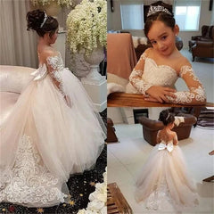  Showlu Fashion Store Cute Ball Gown Bow Back Flower Girl Dresses For Weddings Appliques Long Sleeves Princess Tulle Girl's Ceremonial Dress Vestido