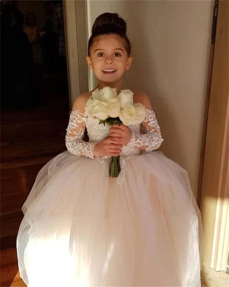  Showlu Fashion Store Cute Ball Gown Bow Back Flower Girl Dresses For Weddings Appliques Long Sleeves Princess Tulle Girl's Ceremonial Dress Vestido