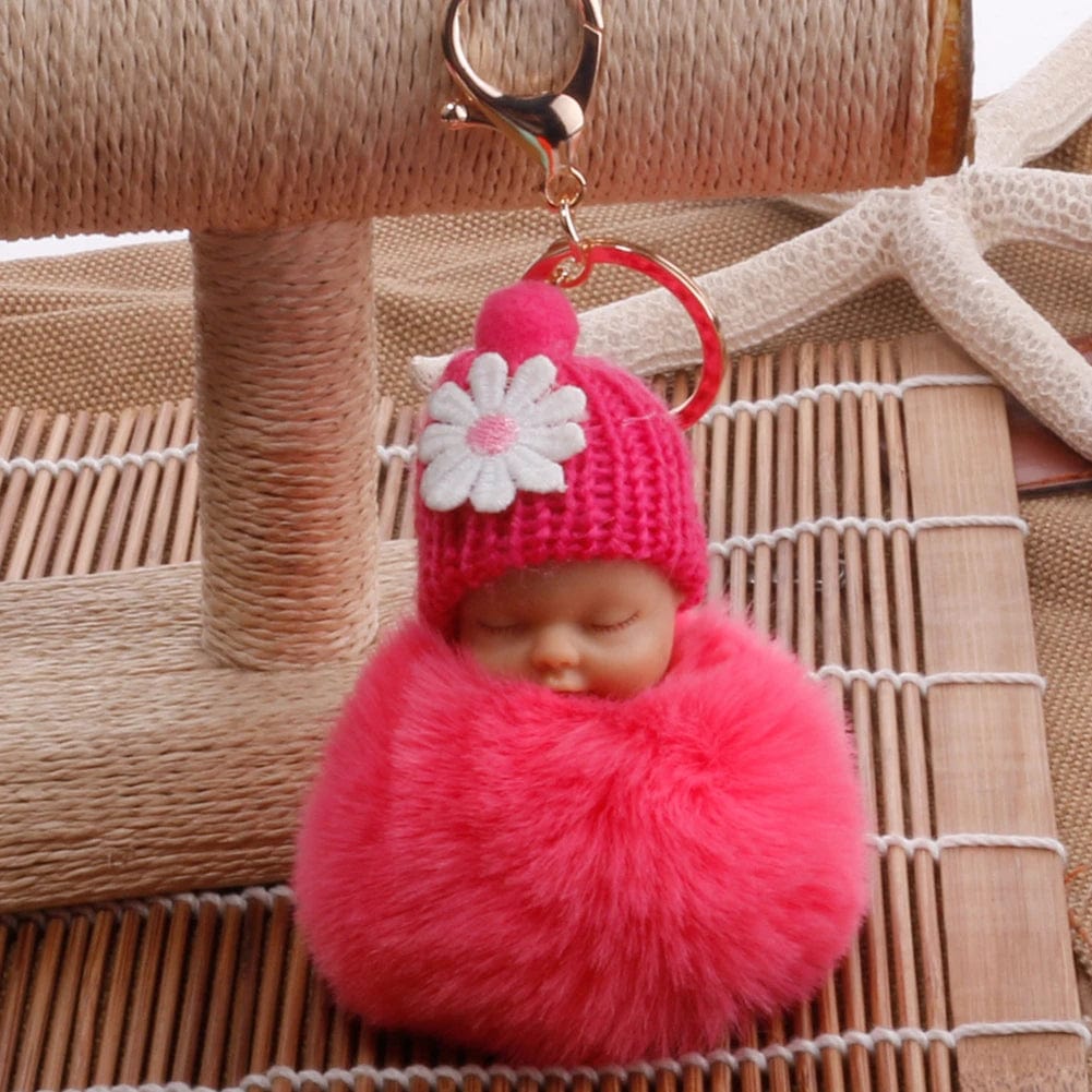 SHOWLU FASHION STORE Cute Pompom Sleeping Baby Keychain Fluffy Plush Doll Keychains Women Girl Bags Keyrings Cars Key Ring Gift Charming Decor