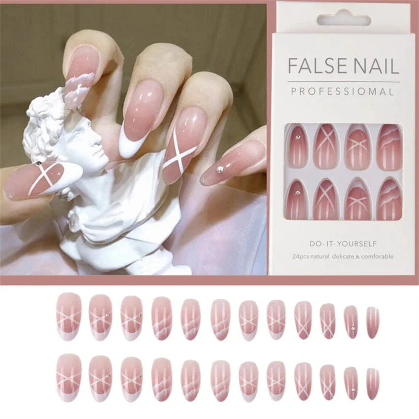 Showlu Purple Floral Almond Press On Nails with floral design, 24 detachable acrylic tips for a stylish manicure.