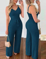 Showlu Fashion Store D / XL 2023 Summer Woman Long Jumpsuits Elegant Sexy V-Neck Shirred Cami Top & High Waist Pants Set New Fashion Casual One Pieces