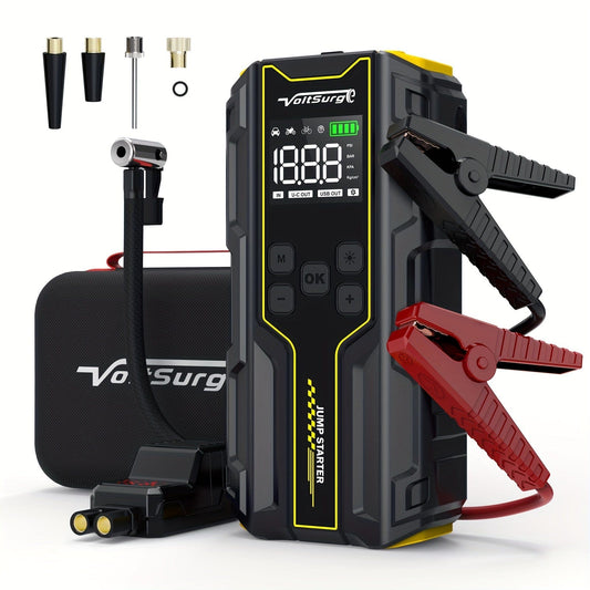  Showlu Fashion Store D03 VoltSurge Car Jump Starter with Air Compressor is a Portable 4000A car Battery Suitable for10 L Gasoline or 8 L Diesel Vehicles. This Portable car Jump Starter Features a 150 PSI Inflator