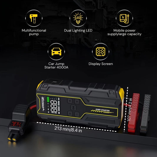  Showlu Fashion Store D03 VoltSurge Car Jump Starter with Air Compressor is a Portable 4000A car Battery Suitable for10 L Gasoline or 8 L Diesel Vehicles. This Portable car Jump Starter Features a 150 PSI Inflator