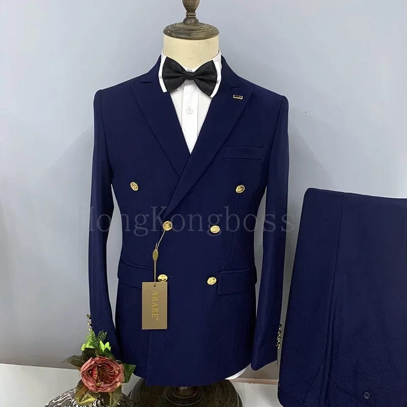 SHOWLU FASHION STORE Dark Blue / Asian 5XL is US 2XL 2 Pcs Suit Set Blazers Jacket Pants / Fashion Men Casual Business Pure Color Double Breasted Groom Wedding Formal Dress Suit