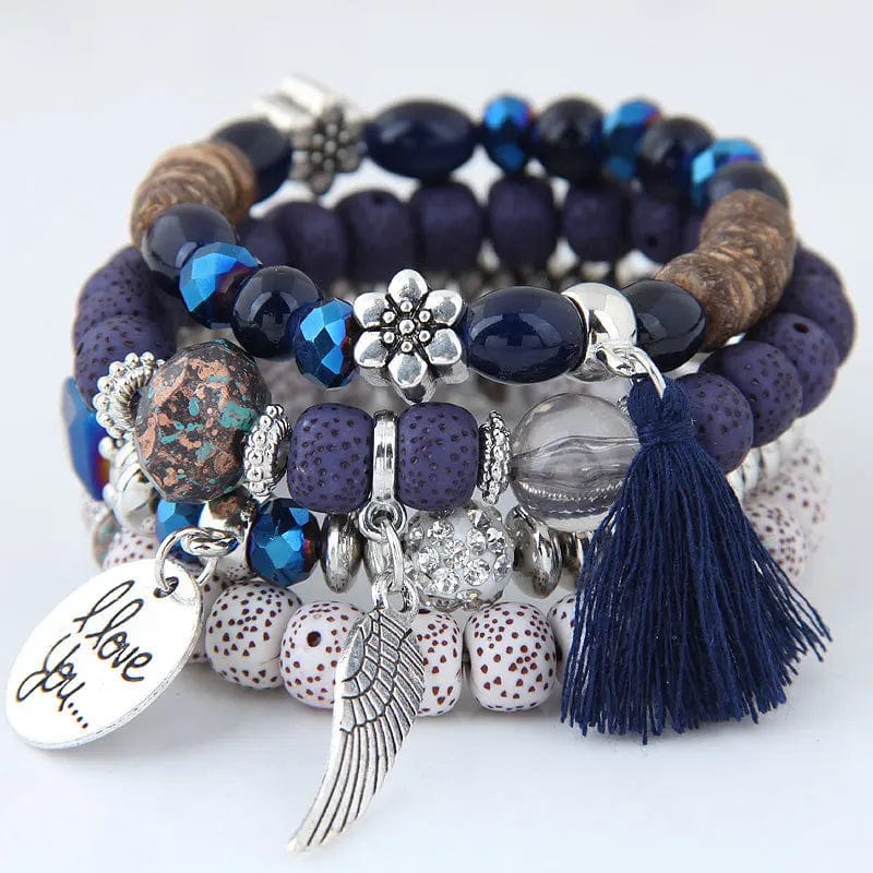  Showlu Fashion Store dark blue DIEZI Bohemian Multicolor Pink Crystal Beads Bracelets Women Girls Elastic Tassel Wing Letters Rope Bracelet Pulseira Feminina