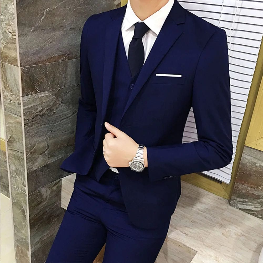  Showlu Fashion Store Dark blue / L / CHINA Men Suit Regular Slight Stretch Three Piece Set Trousers Blazer Waistcoat Casual For Office Business Comfortable