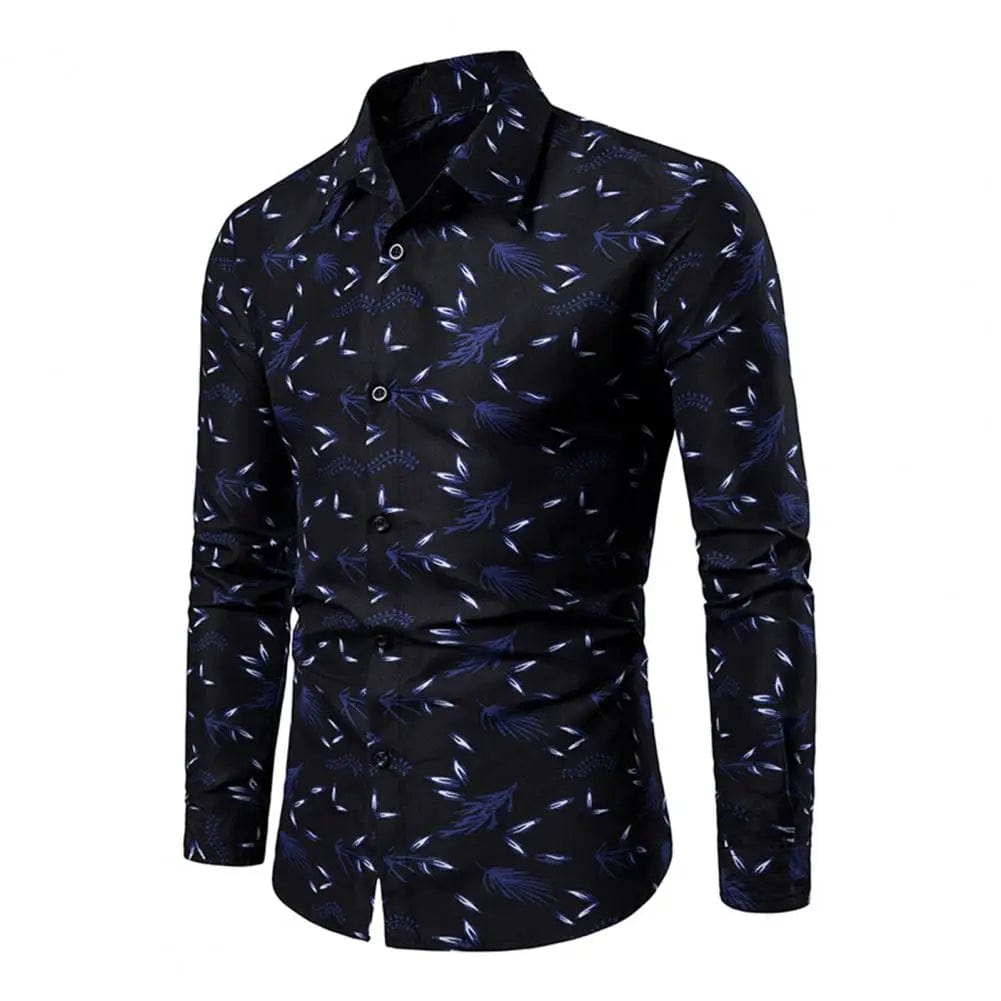 SHOWLU FASHION STORE Dark Blue / L Men Shirt Leaf Print Single-breasted Streetwear Slim-fitting Buttoned Shirt for Spring Summer Autumn Winter