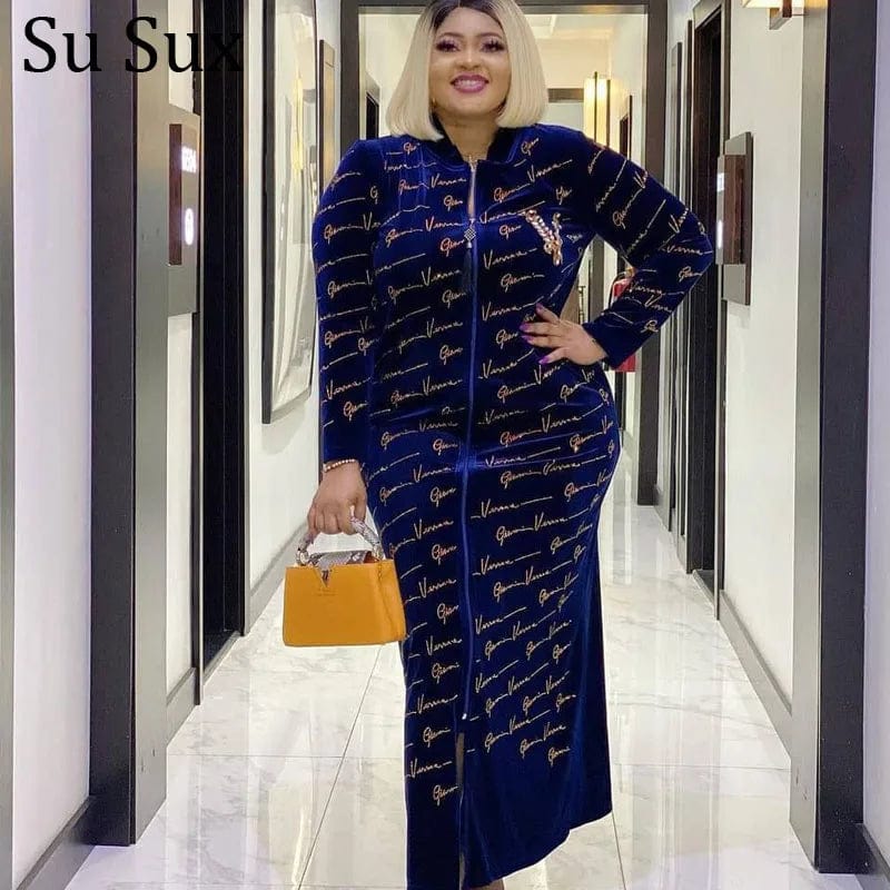  Showlu Fashion Store Dark Blue Letter / L Velvet Maxi Dress African Clothes For Women Letter Robe Africa Clothing Sequins O Neck Short Sleeve African Dresses Plus Size 4X