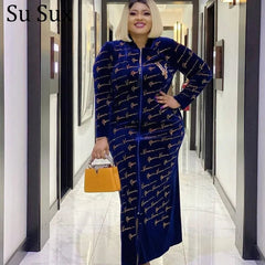  Showlu Fashion Store Dark Blue Letter / L Velvet Maxi Dress African Clothes For Women Letter Robe Africa Clothing Sequins O Neck Short Sleeve African Dresses Plus Size 4X