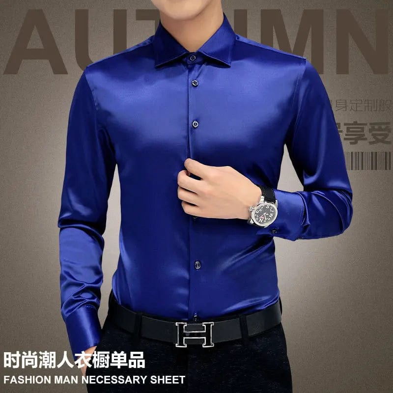  Showlu Fashion Store Dark Blue / M 46-56 KG / CHINA Plus Size 5XL 2024 New Men's Luxury Shirts Wedding Dress Long Sleeve Shirt Silk Tuxedo Shirt Men Mercerized Cotton Shirt