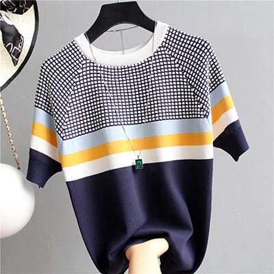  Showlu Fashion Store Dark blue / One Size shintimes Plaid T-shirt With Stripes Women Tshirt Knitted Loose 2022 Summer Tops Korean T Shirt Woman Clothes Tee Shirt Femme